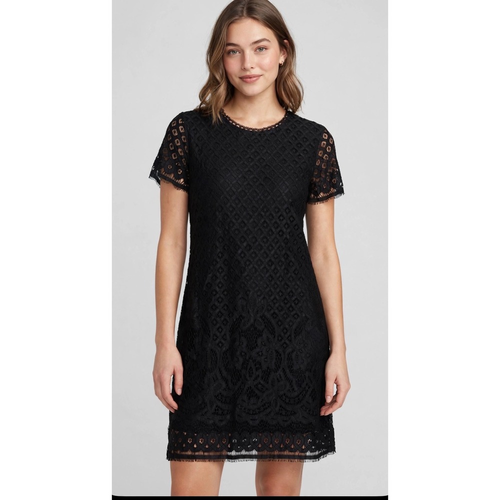 Isaac Mizrahi Live Black Lace Short Sleeve Shift Dress Size M